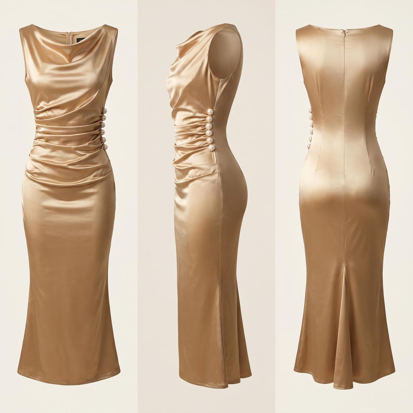 Champagne-színű, selyemszerű, gyöngyházfényű, derékban szűkített ruha✨💎👗