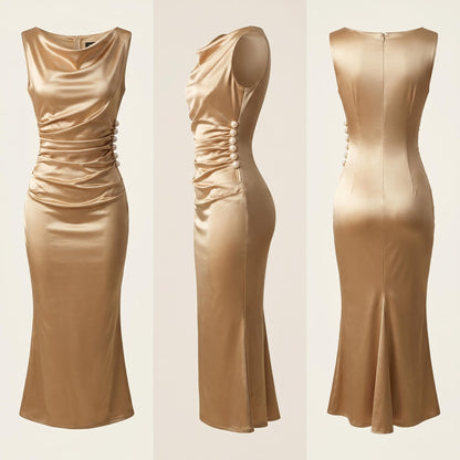 Champagne-színű, selyemszerű, gyöngyházfényű, derékban szűkített ruha✨💎👗