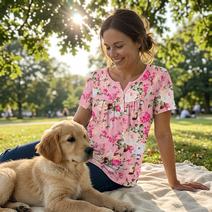 Időkorlátozott ajánlat👚Női, lebegő szabású, virágmintás, gombos póló🌸