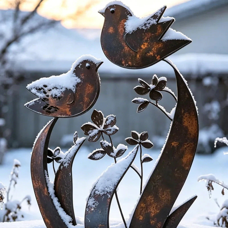 🐦Rusztikus madár- és virágmotívumú fém kerti dísz