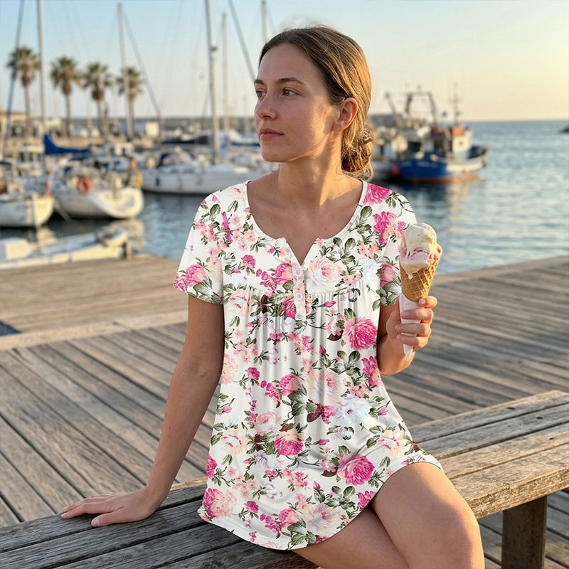 Időkorlátozott ajánlat👚Női, lebegő szabású, virágmintás, gombos póló🌸