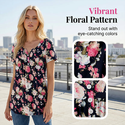 Időkorlátozott ajánlat👚Női, lebegő szabású, virágmintás, gombos póló🌸