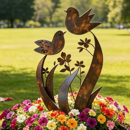 🐦Rusztikus madár- és virágmotívumú fém kerti dísz
