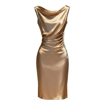 Champagne-színű, selyemszerű, gyöngyházfényű, derékban szűkített ruha✨💎👗