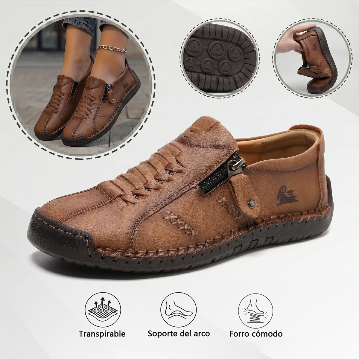 Mocasines de Piel con Cremallera para Mujer, Zapatos Cómodos Ergonómicos, Calzado Casual para Caminar Sin Cordones