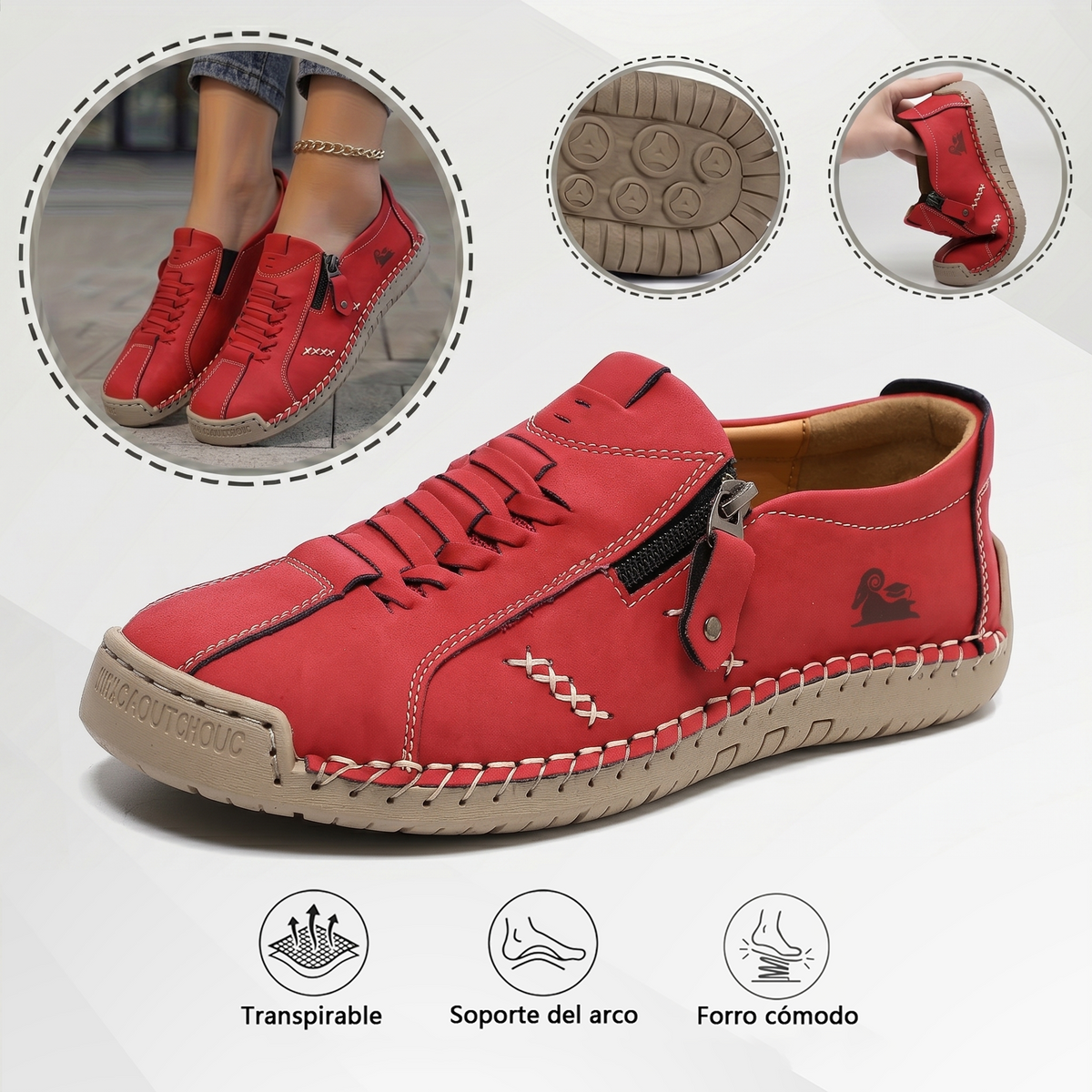 Mocasines de Piel con Cremallera para Mujer, Zapatos Cómodos Ergonómicos, Calzado Casual para Caminar Sin Cordones