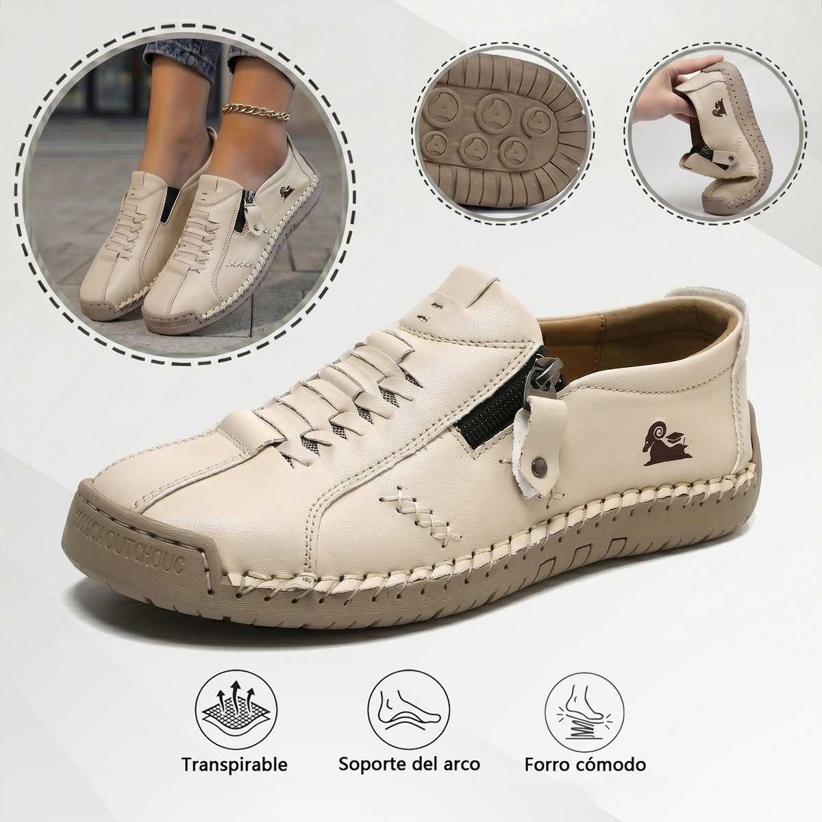 Mocasines de Piel con Cremallera para Mujer, Zapatos Cómodos Ergonómicos, Calzado Casual para Caminar Sin Cordones