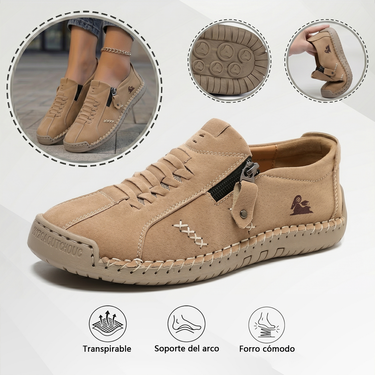 Mocasines de Piel con Cremallera para Mujer, Zapatos Cómodos Ergonómicos, Calzado Casual para Caminar Sin Cordones