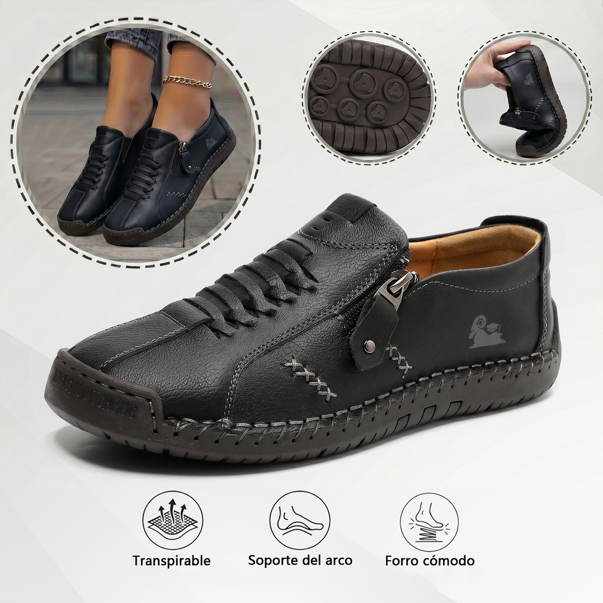 Mocasines de Piel con Cremallera para Mujer, Zapatos Cómodos Ergonómicos, Calzado Casual para Caminar Sin Cordones